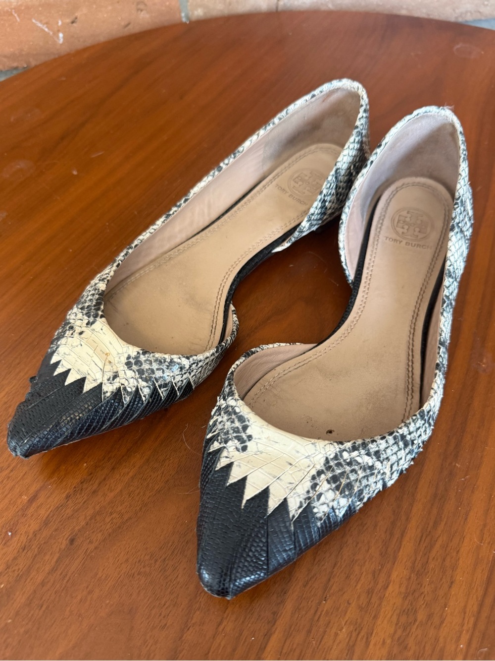 Tory Burch Black & White Snakeskin Pointed-Toe Flats